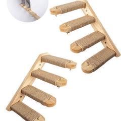 Wall-Mounted Multi-Level Solid Wood Cat Climber with Natural Sisal Scratching Steps and Interactive Play Stairs
